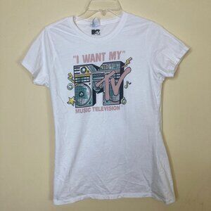 I Want my MTV Music Television Womens T-shirt Small Port & Company White Pink